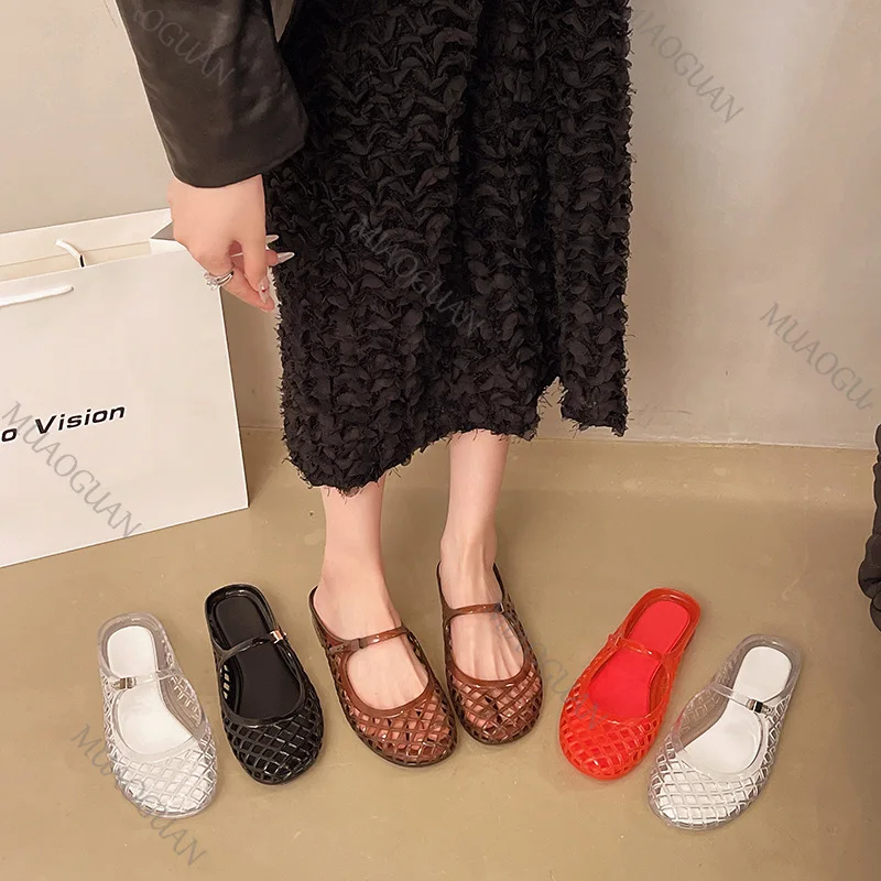Women Jelly Flat Slippers Summer Fashion Mesh Breathable Sandals Hollow Designer Shoe Casual Beach Walking Baotou Slide Footwear view 3
