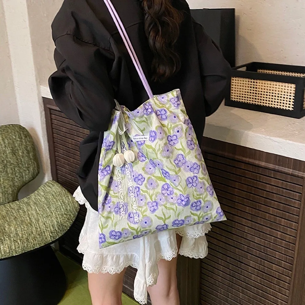 

Lightweight Double Sided Tote Bag Large Capacity Korean Style Purple Flower Shoulder Bags Commuting Elegant Shopping Handbags