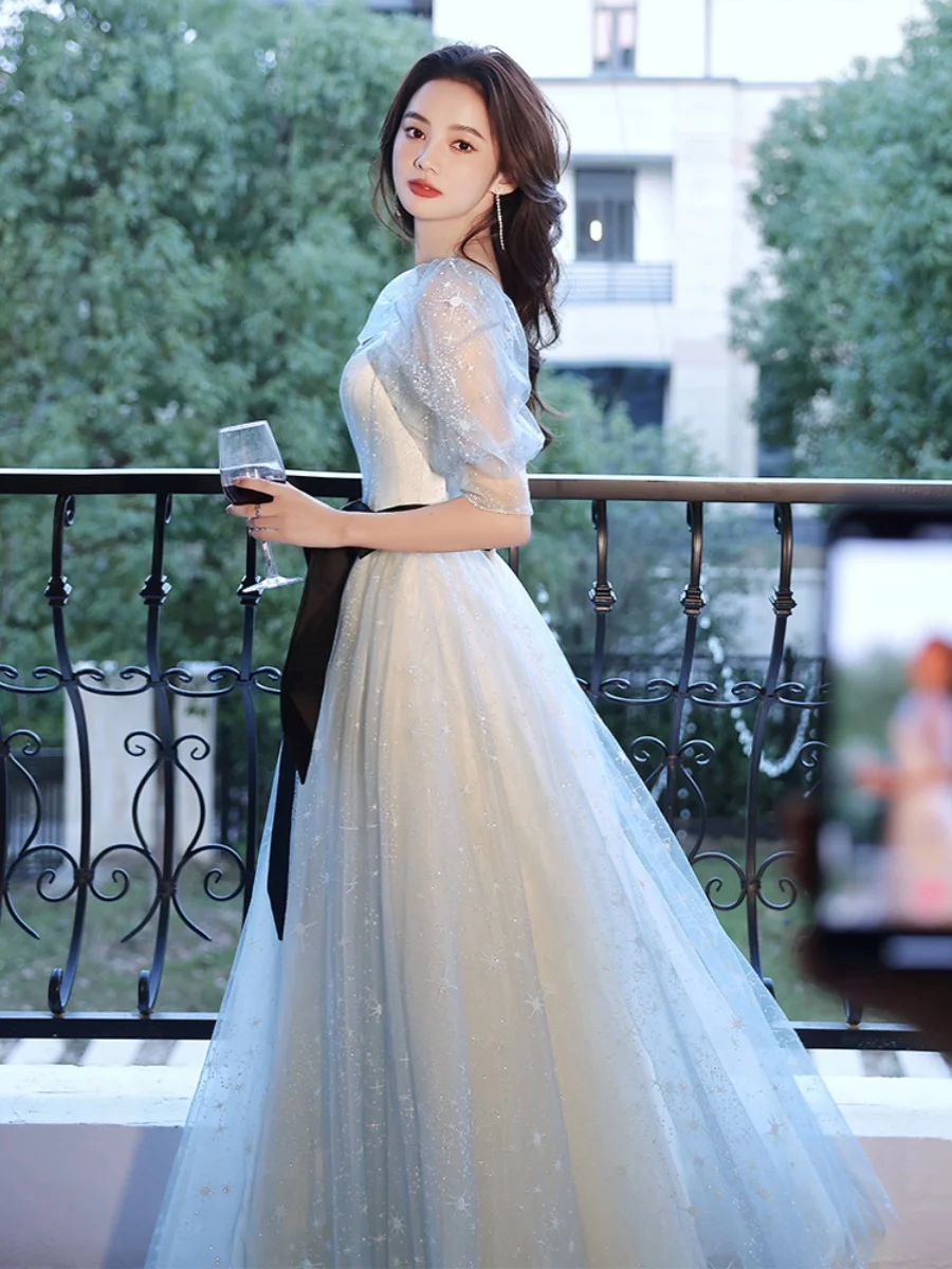 

Ele Blue Evening Gown Women's Host Ceremony Performance Long Dr ort Sve Korean Sle for Wedding Par