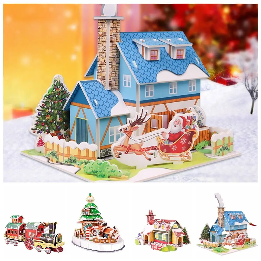 Christmas House Christmas 3D Puzzle Train DIY Paper Card Jigsaw Assembly Building Blocks Christmas Tree Children Model Toy