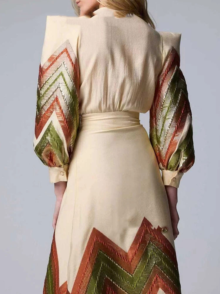 Vintage Contrast Color Commute 2 Piece Sets Sexy V-neck Lantern Sleeve Tops&Skirts Sets Temperament High Waist Half Skirts Suits