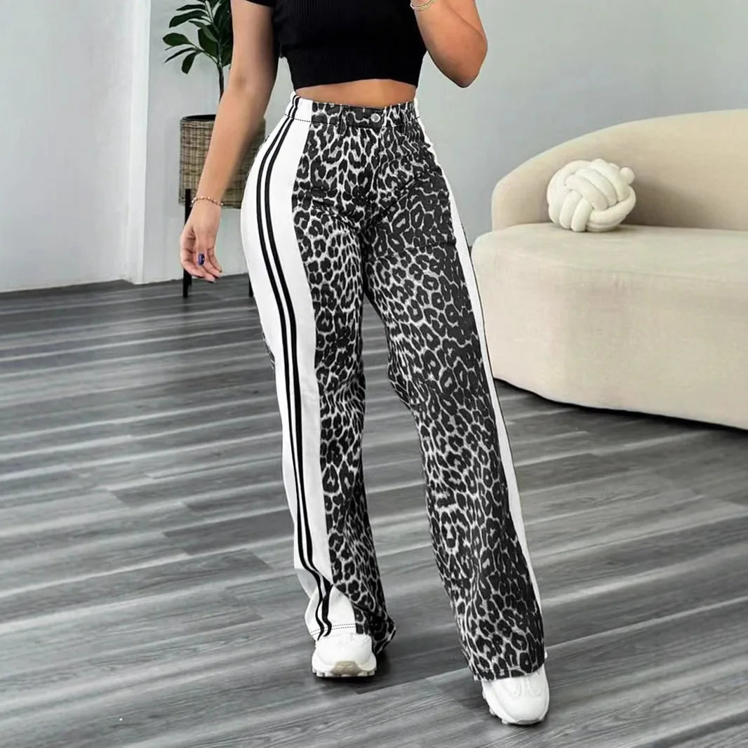 

Pant Women Wide Leg Long Pants Leopard Print High Waist Straight Trousers Y2k Streetwear Casual Loose Splice Mom Capris Club