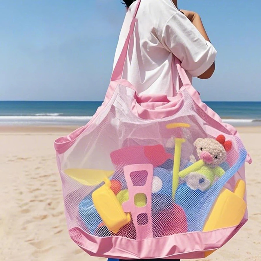 1 Piece of Large Pink Mesh Beach Storage Bag, Foldable and Portable for Storing Miscellaneous Items When Going Out