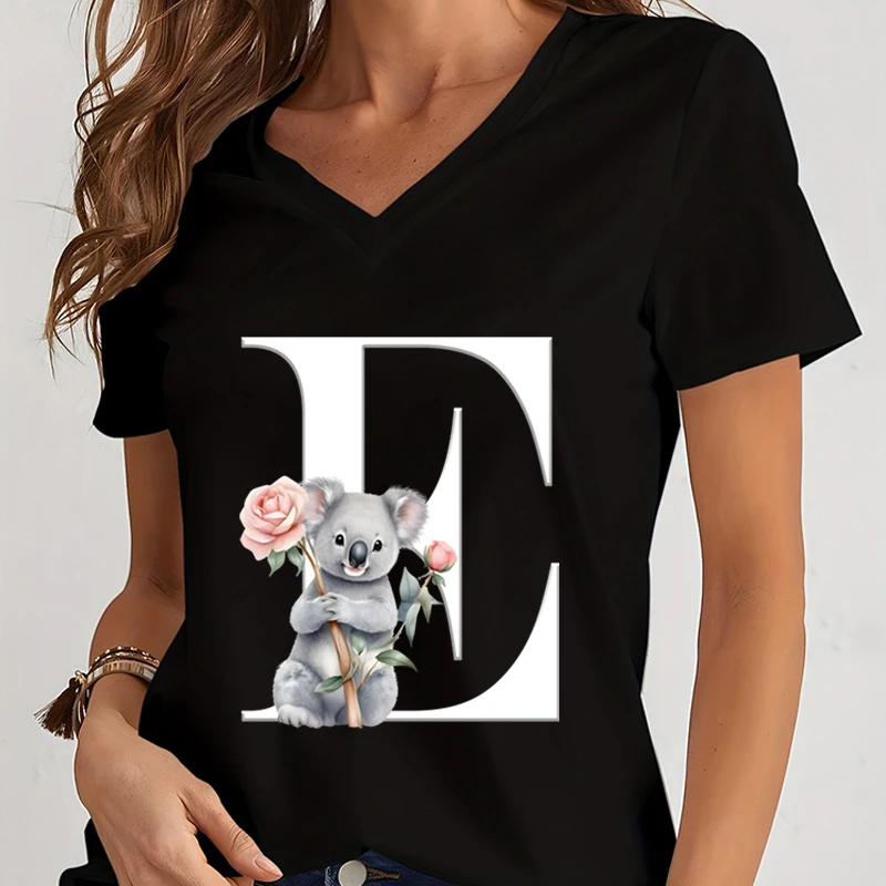 26 Initials Plants Koala Woman V Collar Clothing Printed Shirt Fashion Woman Clothes English Alphabet T Shirts Graphic Top Women