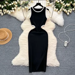 Elastic Women Dress Sexy Cut Out Waist Package Hips Split Bodycon Dress Summer Fashion Lady Knitted Party Vestidos Long Sundress