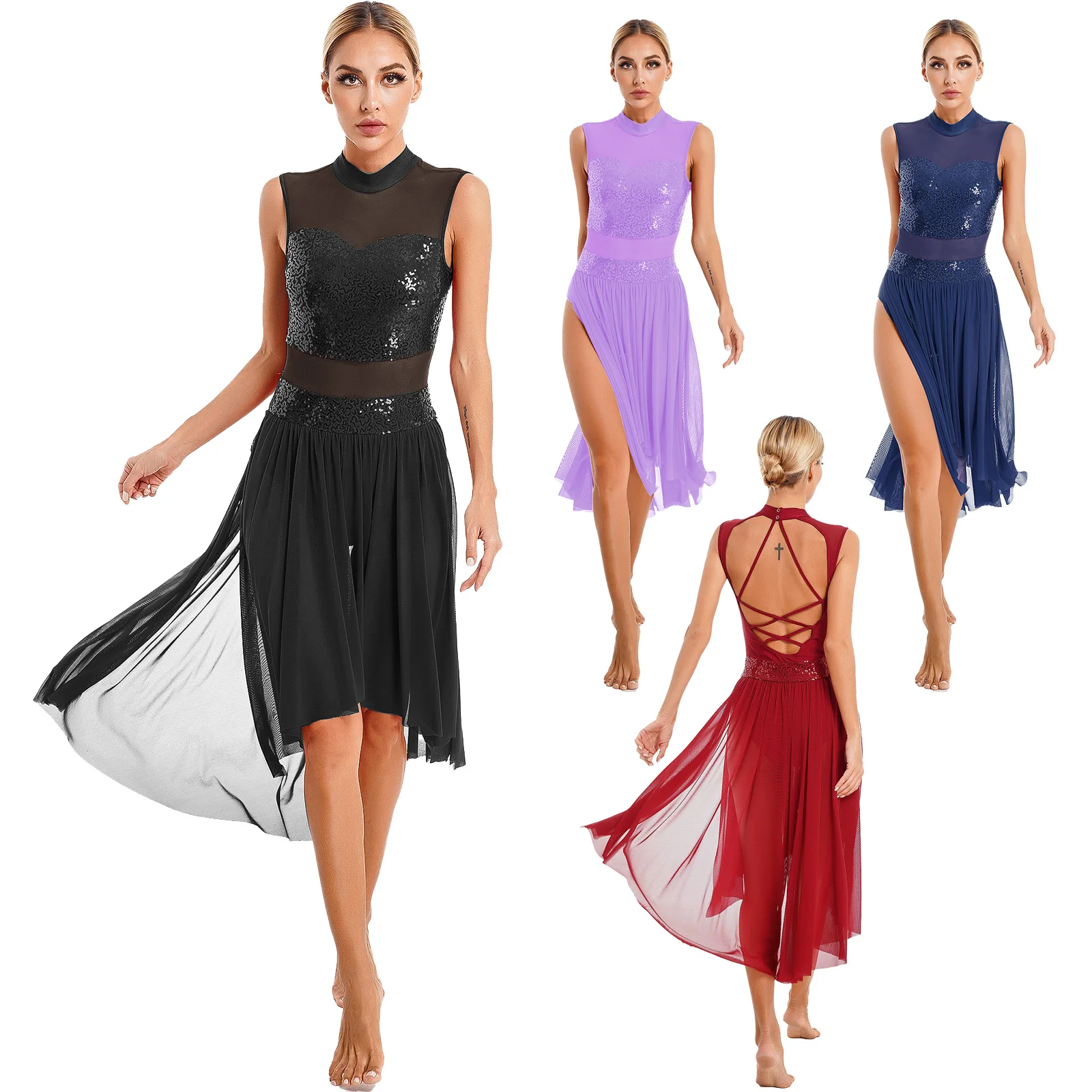 Women Sequins Lyrical Dance Costume Sleeveless Chiffon Hem High Low Flowy Ballroom Modern Contemporary Dance Dress Dancewear