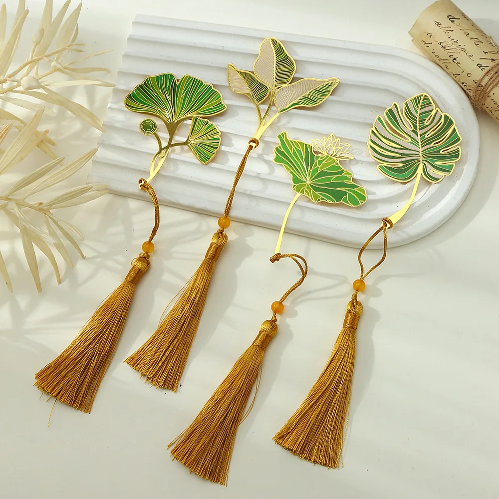 1PC Lotus Leaf Vein Metal Bookmark Chinese Style Creative Bookmarks Tassel Pendant Student Gift Brass Tassel School Stationery