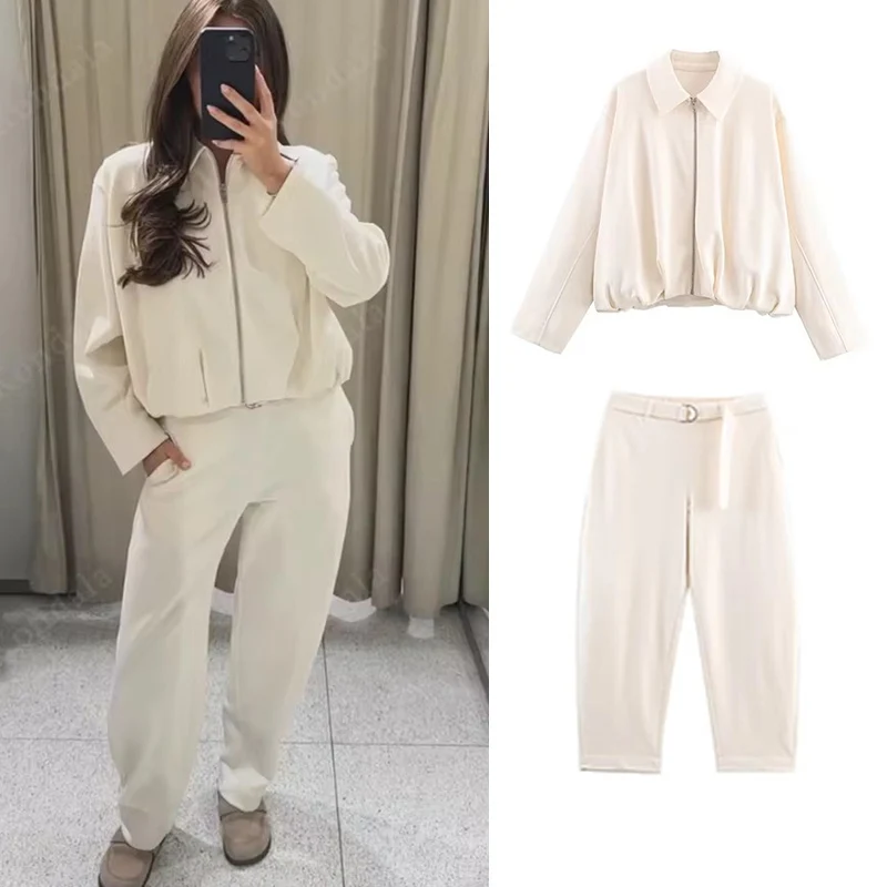 

Women Suede Set 2025 Women New Fashion Bomber Jacket Top+With Belt Leisure Pants Two-Piece Set Women Elegant Hight Street Suit