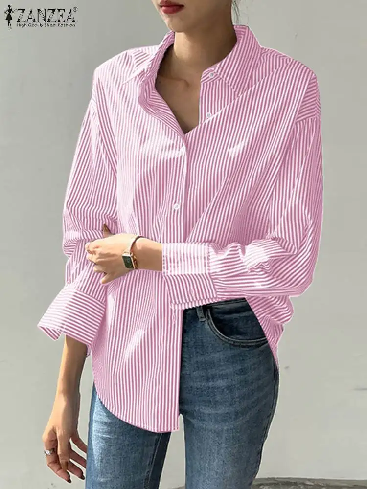 ZANZEA Women Striped Blouse 2024 Summer Elegant Shirts Casual Loose Long Sleeve Fashion Button Up Tunic Tops Blusas Femininas