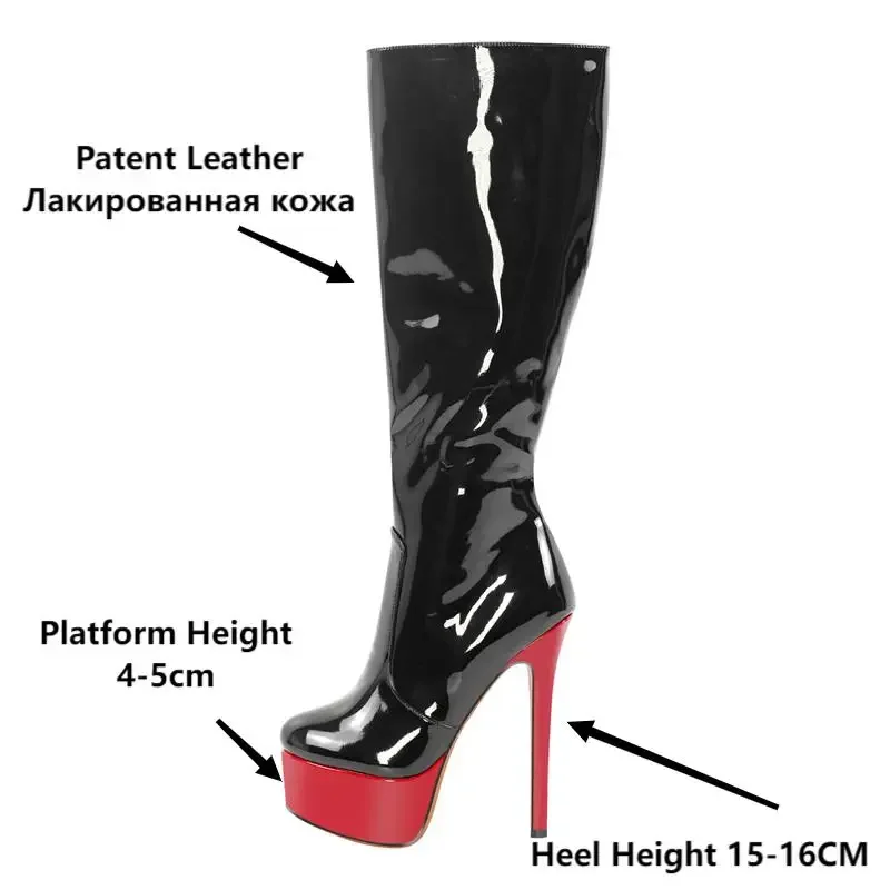 Onlymaker Women Platform  Knee High Boots Side Zipper Thin Heel Stiletto Big Size Sexy Lady Patent Leather Winter Boots