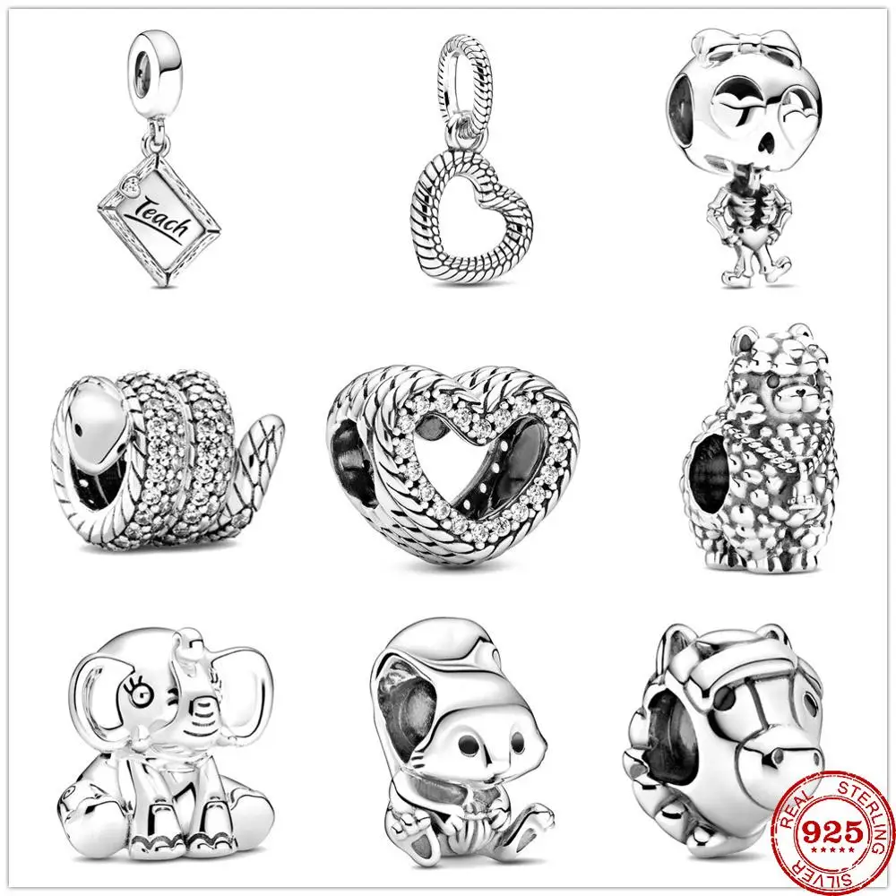 

New 925 Sterling Silver Sparkling Snake Elephant Squirrel Heart Skeleton Bead Fit Pandora Charm Bracelet DIY Women Jewelry Gift