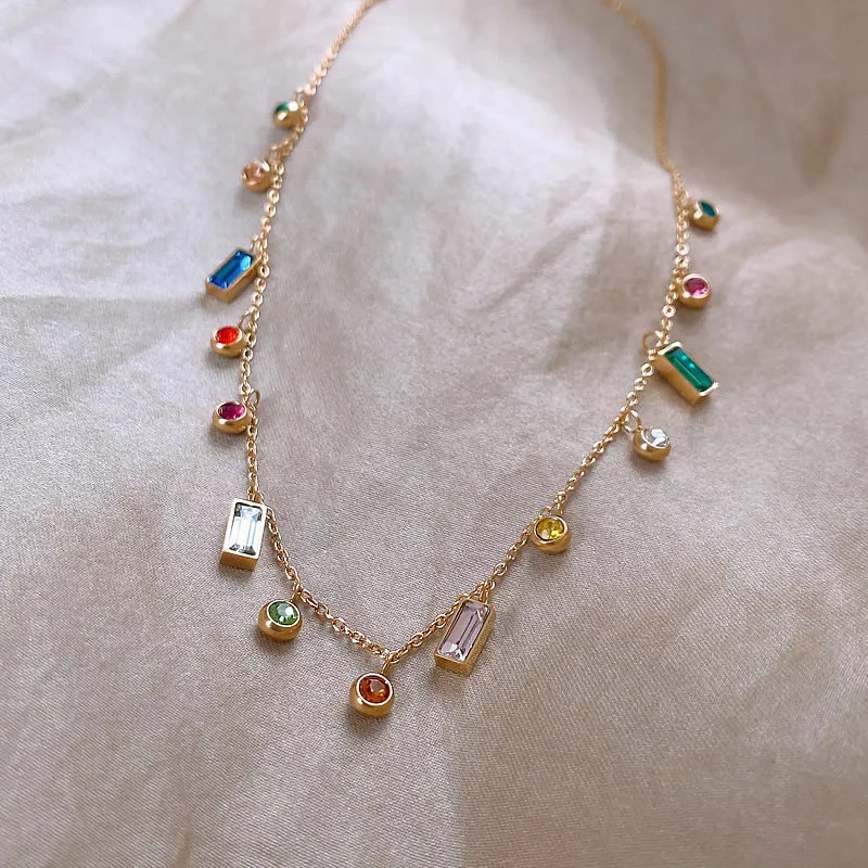 Leichter, luxuriöser Edelstahl, bunter Zirkon, Dopamin, kurze Kragenkette, 2025, farbloser Schmuck für Damen-Halsketten-Zubehör – Detail 6