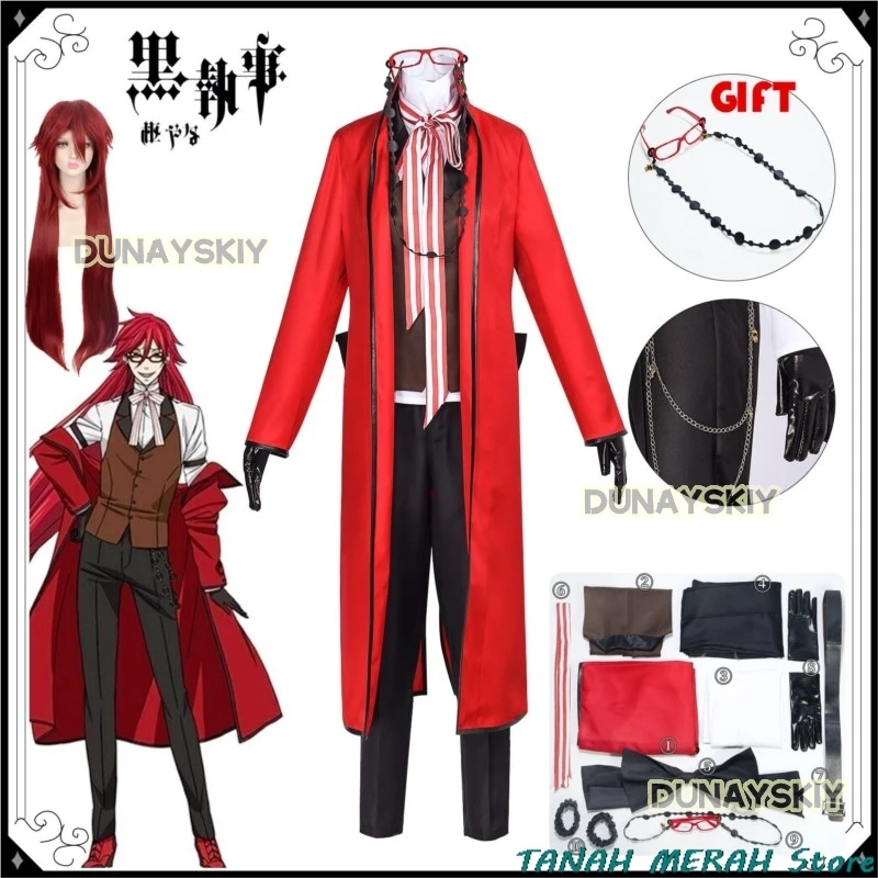 Anime Black Butler Cosplay Costumes Death Shinigami Grell Sutcliff Red Uniform Outfit Glasses Carnaval Halloween for Women Men