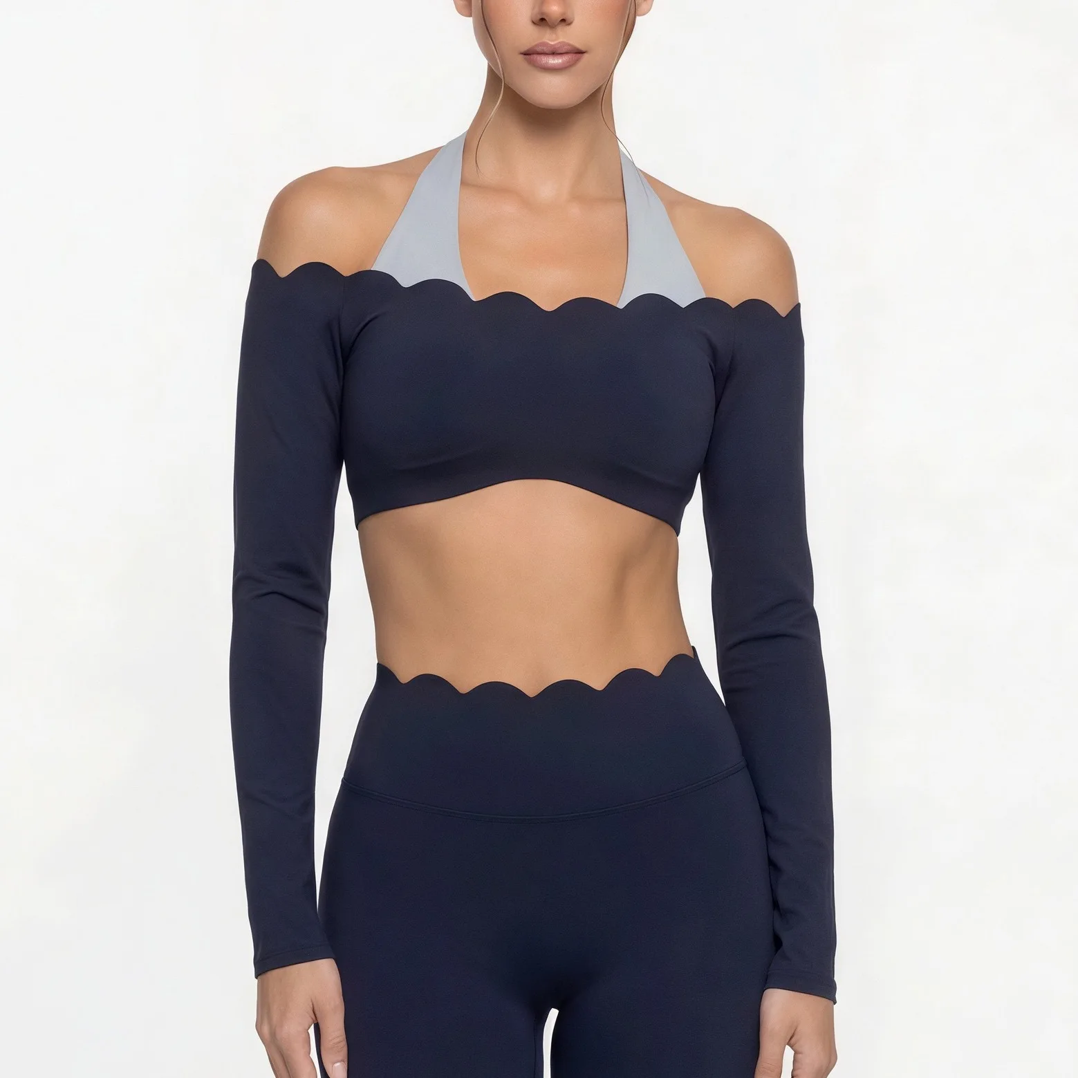 

Lace Trim Short Long Sleeve Yoga Top Fake Two-Piece Sportswear Tight Breathable Pilates Fitness Workout Leggings For Women