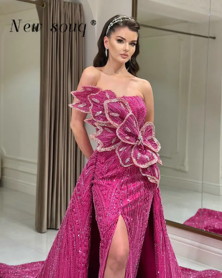 

Customized Hot Pink Two Pieces Heavy Beaded Evening Dresses Dubai Strapless Wedding Events Party Gowns with Detachable Train