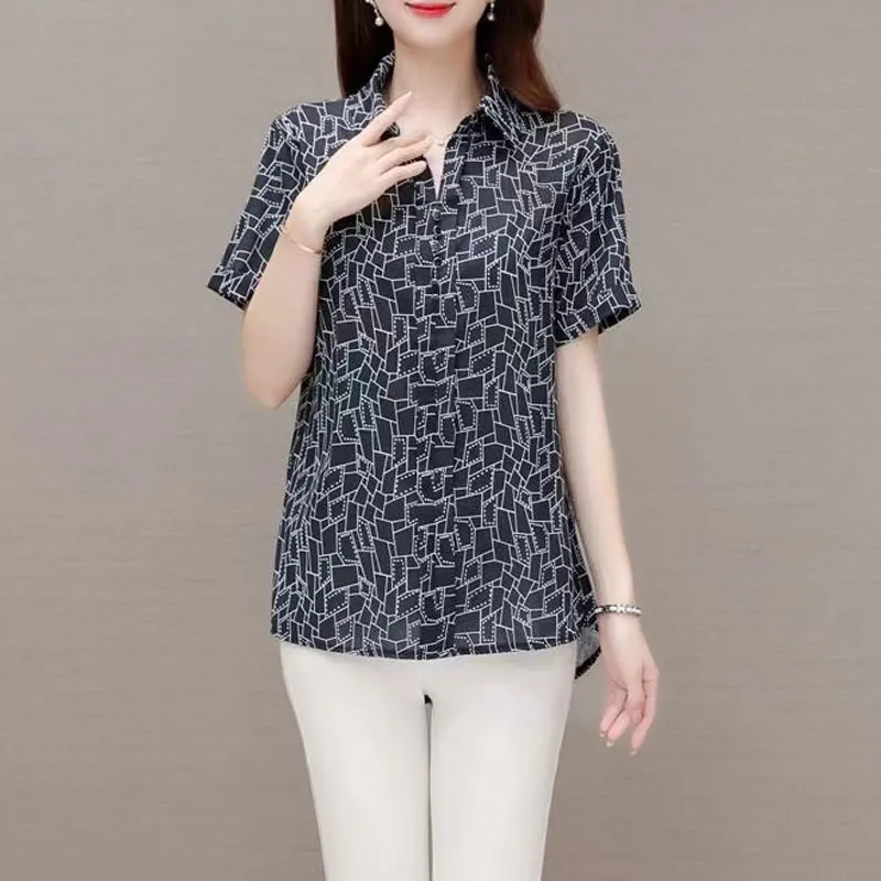 Female Clothing Casual Geometric Spliced Printed Blouse Summer Commute Turn-down Collar Short Sleeve Stylish Button Loose Shirt