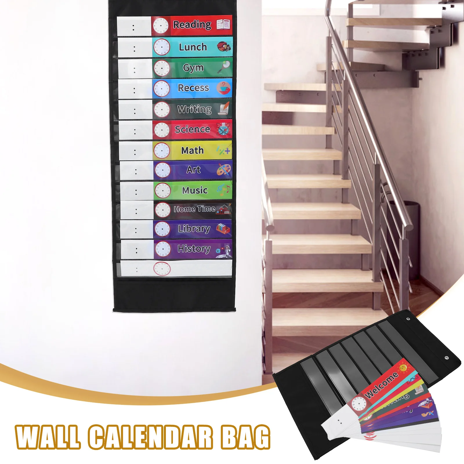 

1 set 14-Grid Transparent Oxford Cloth Schedule Hanging Bag Black Color Daily Organizer Pocket Chart Classroom Storage
