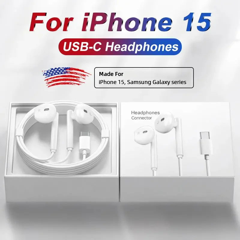 USB-C Headphones For Apple iPhone 15 Pro Max 14 13 12 11 Wired Earphones X XS XR Ios Bluetooth Earbud Phone Accessories