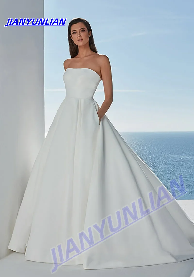 Customized Wedding Dress A-Line Satin Elegant Boat Neck Neckline Straopless Chapel Train With For Party Plus Sizes Bride Gown