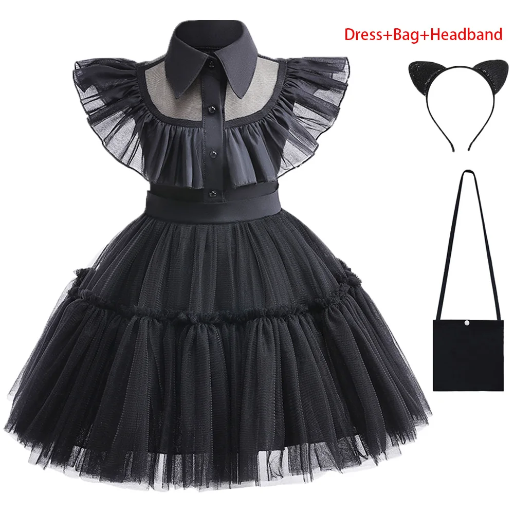 Children Wednesday Addams Cosplay Dresses For 1-6Yrs Baby Girls Costume Carnival Party Halloween Black Evening Clothes Vestidos