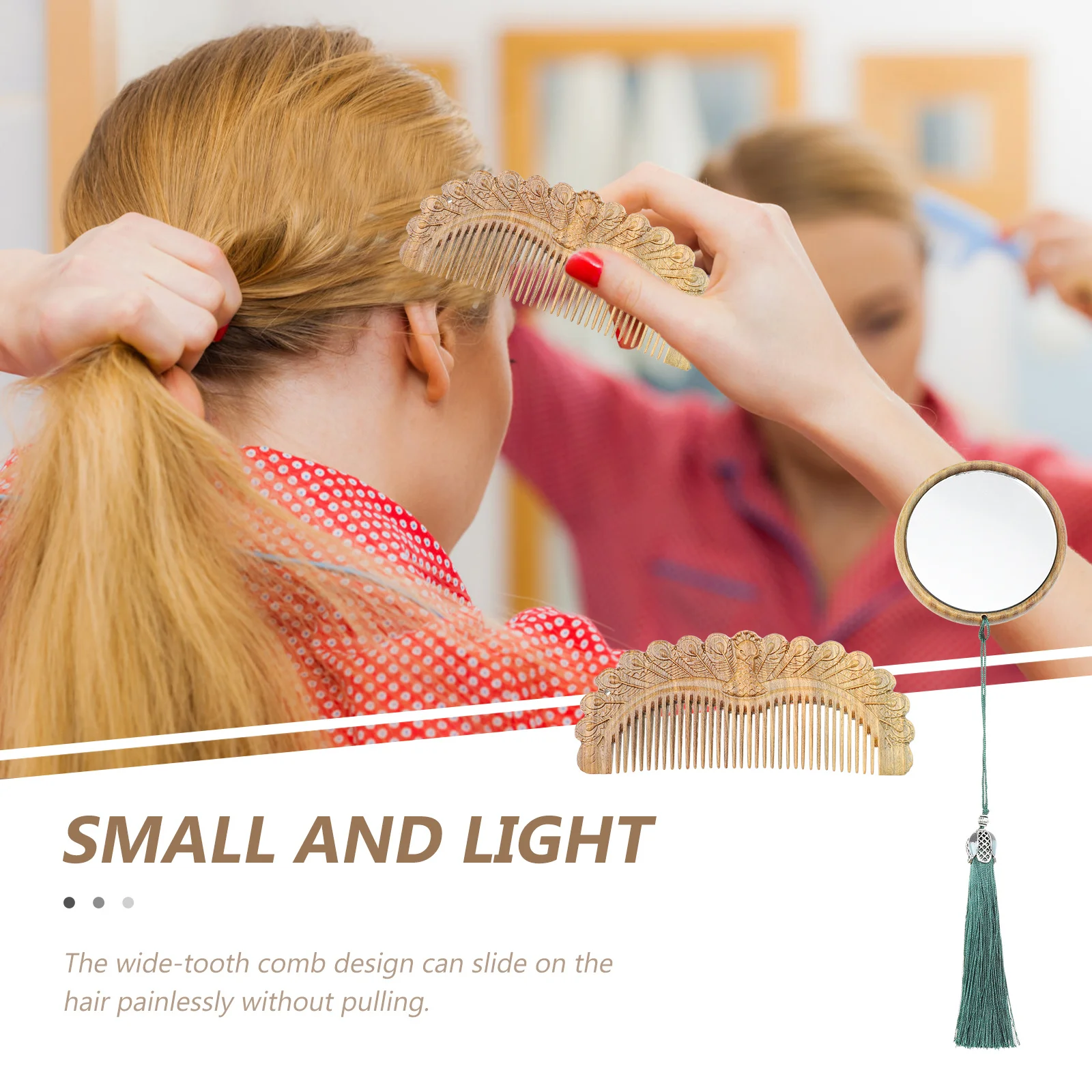 

1Set Carved Comb Mirror Kit Chinese Style Wooden Makeup Set Portable Chic Gift for Women All Ages Comb Mirror Set