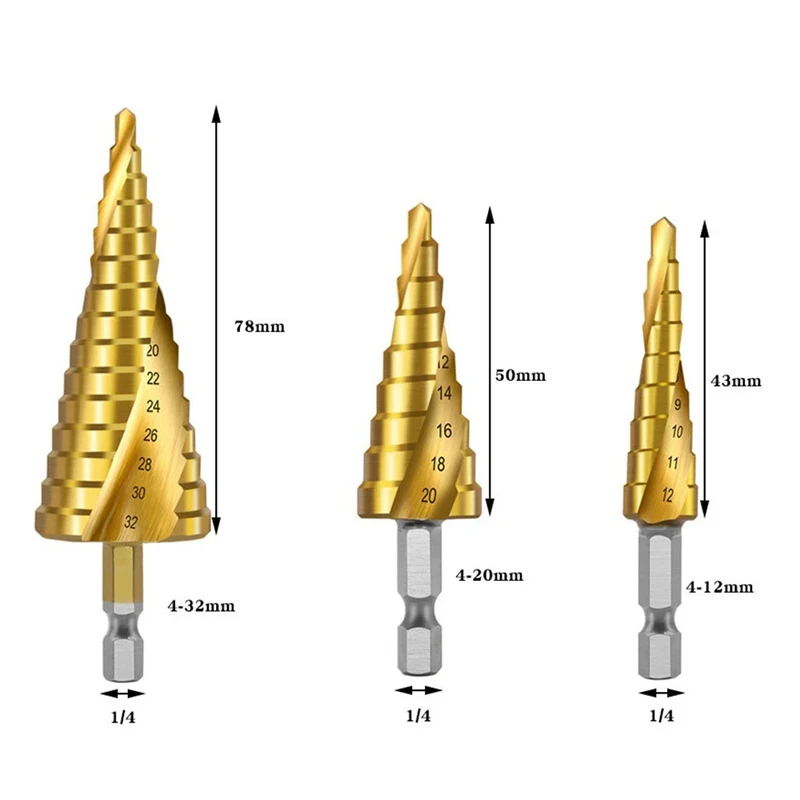 3Pcs/set  4-12mm 4-20mm HSS Straight Spiral Groove Step Drill Bit Titanium Coated Wood Metal Hole Cutter Core Drilling Tools