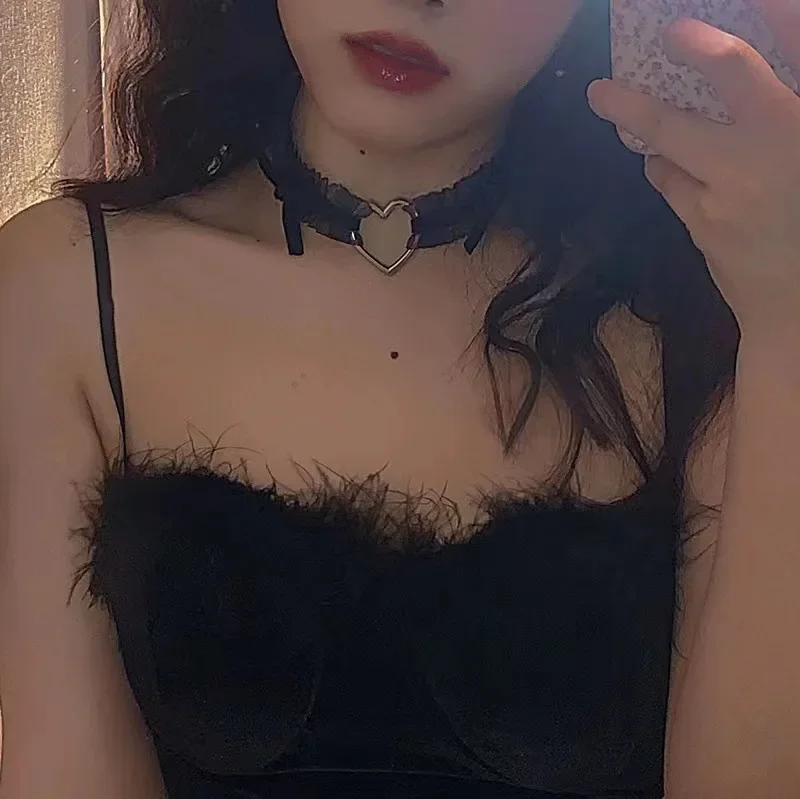 Harajuku Punk Sweet Simple Individuality Tide Fashion Maid Sex appeal Black Lolita Lace Love Choker  Creativity  Charm