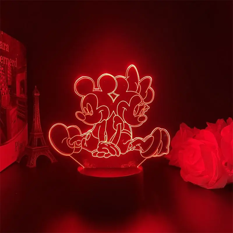 Mercancía de dibujos animados de Disney Mickey, soporte acrílico brillante, luz nocturna creativa para dormitorio, decoración de figuras, regalo