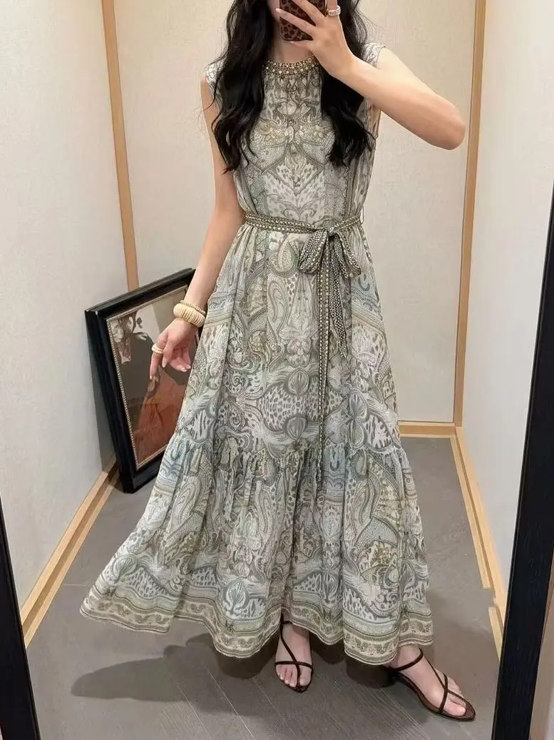 Crystal Beaded Women Retro Print Maxi Dress Round Neck Sleeveless Lace-up High Waist Elegant Silk Robe
