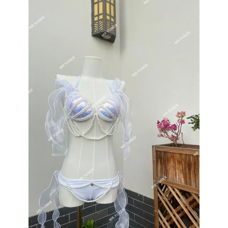 

Mermaid Cosplay Costume Sexy Bikini Bra Aquarium Beach Corset Sequin Triangle Lace Up Swimsuit Performance Role Play Swimwear