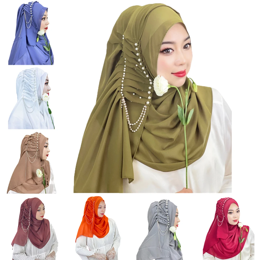 

Fashion Women Beads Chiffon Muslim Hijab Long Scarf Plain Turbante Islamic Foulard Shawl Headband Ladies Stoles Headwrap Scarves