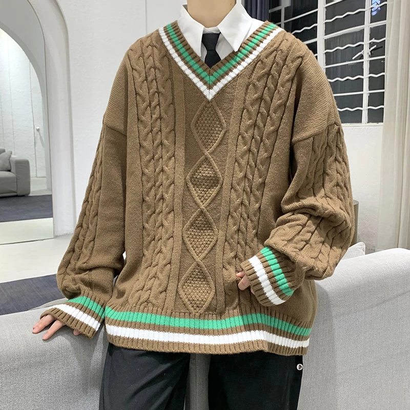 Winter Sweater Men Warm Fashion Casual Knitted Pullover Men Korean Loose V-neck Long Sleeved Sweater Mens Jumper Clothes M-2XL