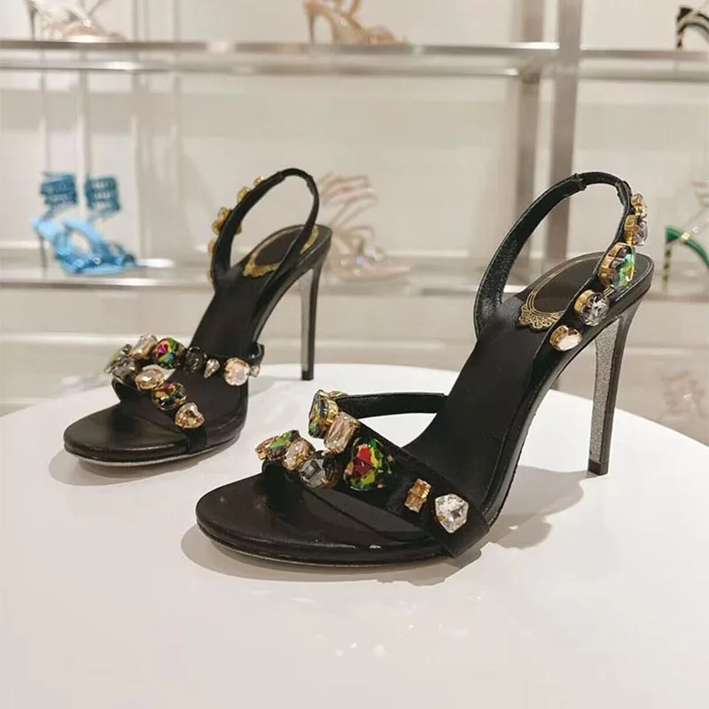 فستان أحذية حجر الراين ديكور حزام مطاط رقيقة عالية الكعب Sandalias النساء الأفعى على شكل التشابك الصنادل الصيف أحذية الحفلات