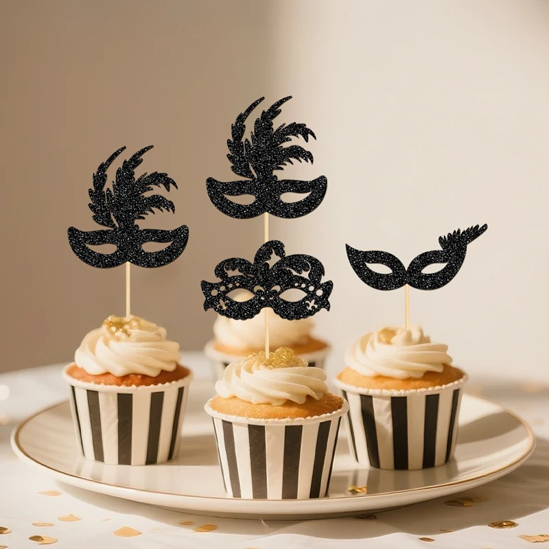 YOMDID 24 Stück Maskerade-Masken, Cupcake-Topper, glitzernde Bachelorette-Party, Cupcake-Picks, Maskerade, Karneval, Party-Dekorationen – Detail 7