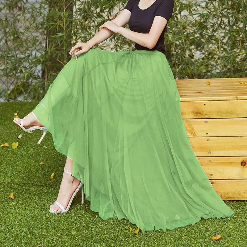 

Новая женская длинная юбка-трапеция из сетки с широким подолом, 20 цветов, для весны и лета, однотонная, для танцев