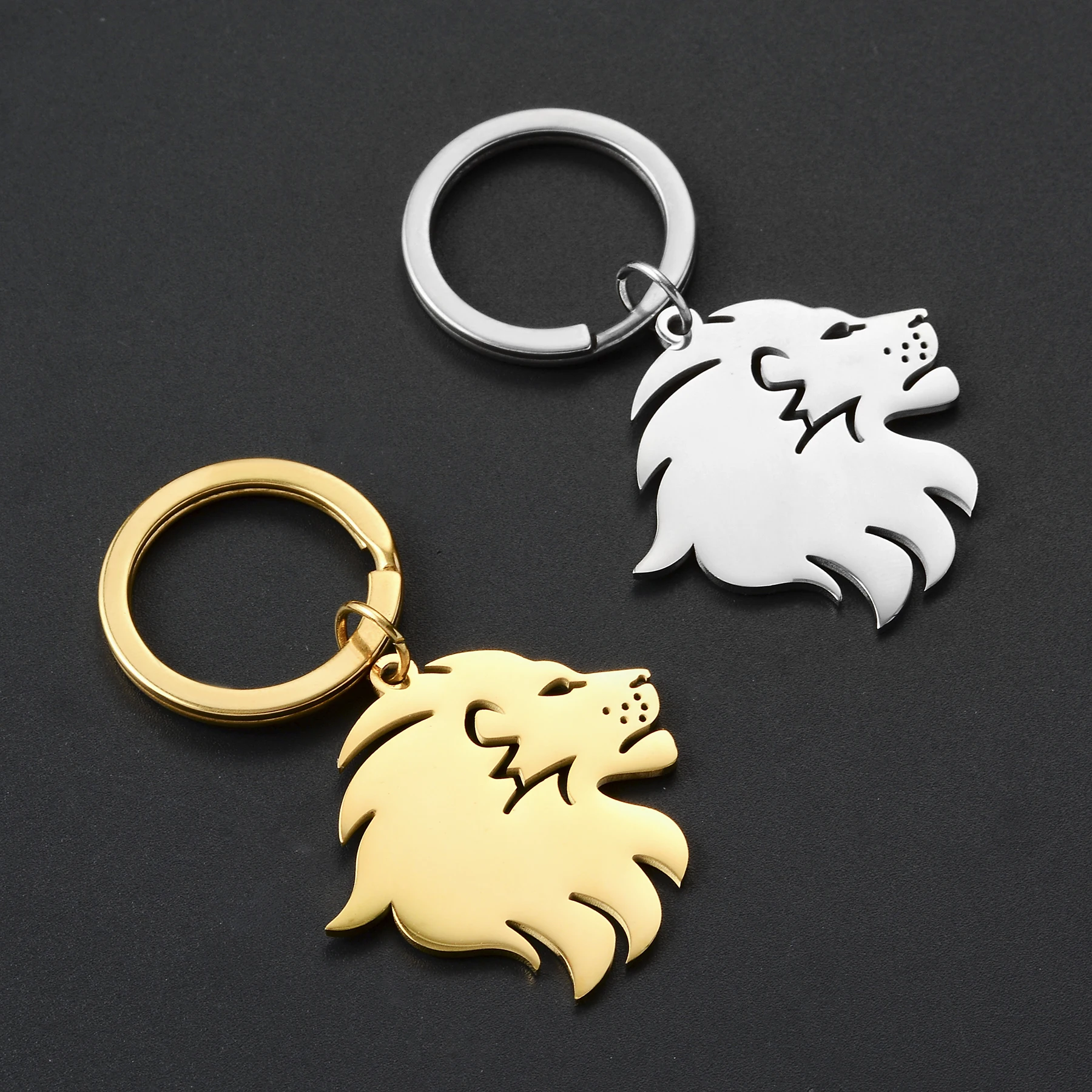 2Pcs Stainless Steel Animal Keychain Fashion Punk Lion Head Car Keyring for Men Jewelry Gift