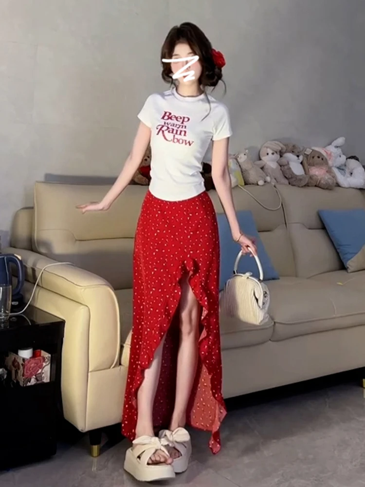 2025 New Summer Beach Vaion Long Skirt Set Women's Red Floral Print Asymmetrical f-length Dr Korean Sle High-waist