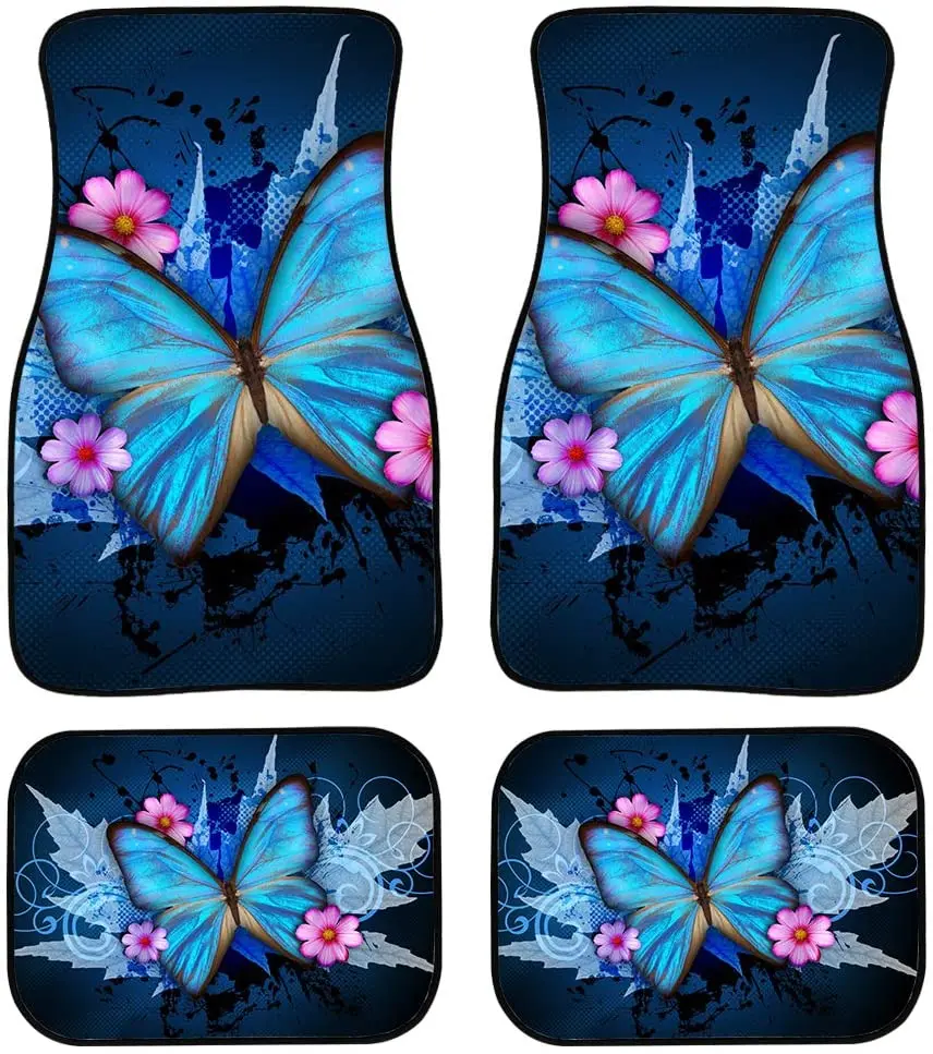 

INSTANTARTS Blue Butterfly Stylish Premium Quality Carpet Floor Mats for Womens ,Set of 4-Piece Universal Fit for Car Front & Re