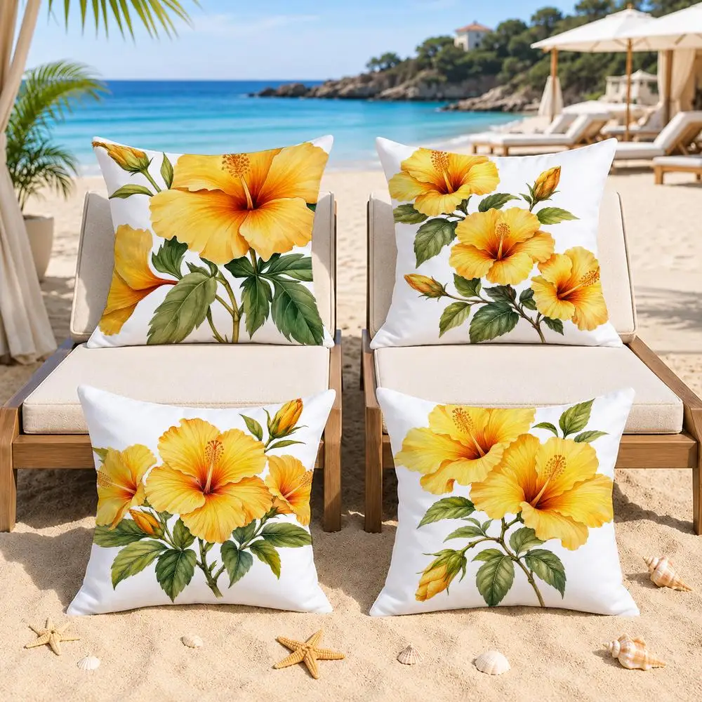 Yellow Hibiscus Cushion Cover Double-Sided Printed Bedroom Bedside Pillow Sofa Cushion Cover