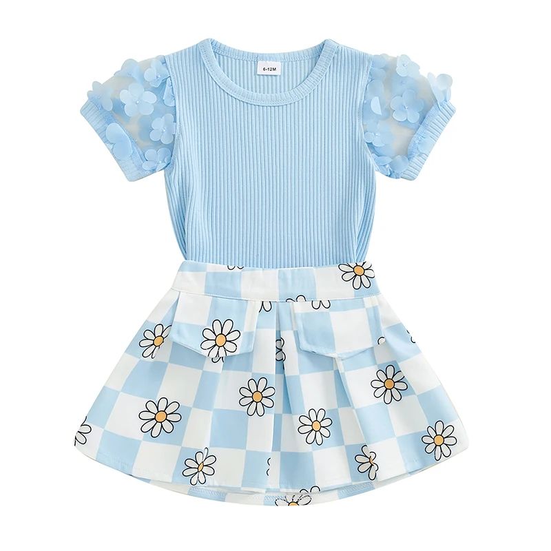 

Toddler Girl Summer Clothes Kids Outfit Floral Mesh Short Sleeve Ribbed Tops Pleated Skirt Set 2T 3T 4T 5T