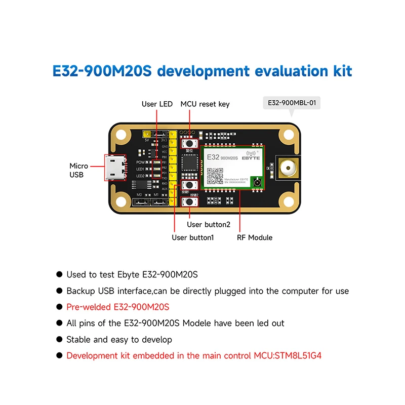 CDEBYTE-Placa de teste para desenvolvimento, E32-400MBL-01, E32-400M20S, interface USB, controle principal, MCU, backup, STM8L151G4