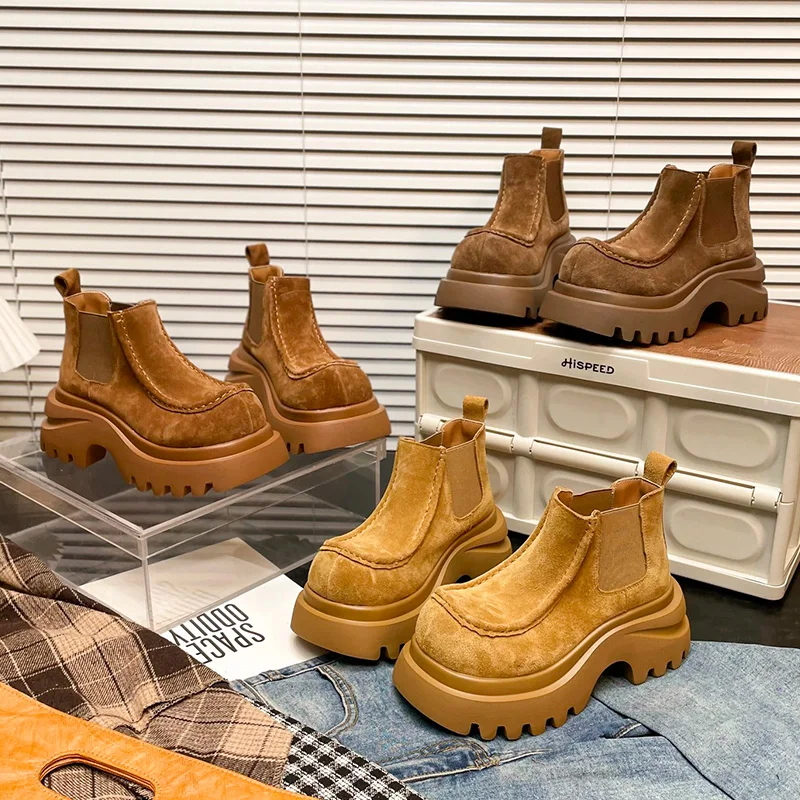 

Женские ботильоны на высоком каблуке, обувь на платформе, зима 2024, модные короткие ботинки, повседневная спортивная обувь, замшевые ботинки челси, женские туфли-лодочки