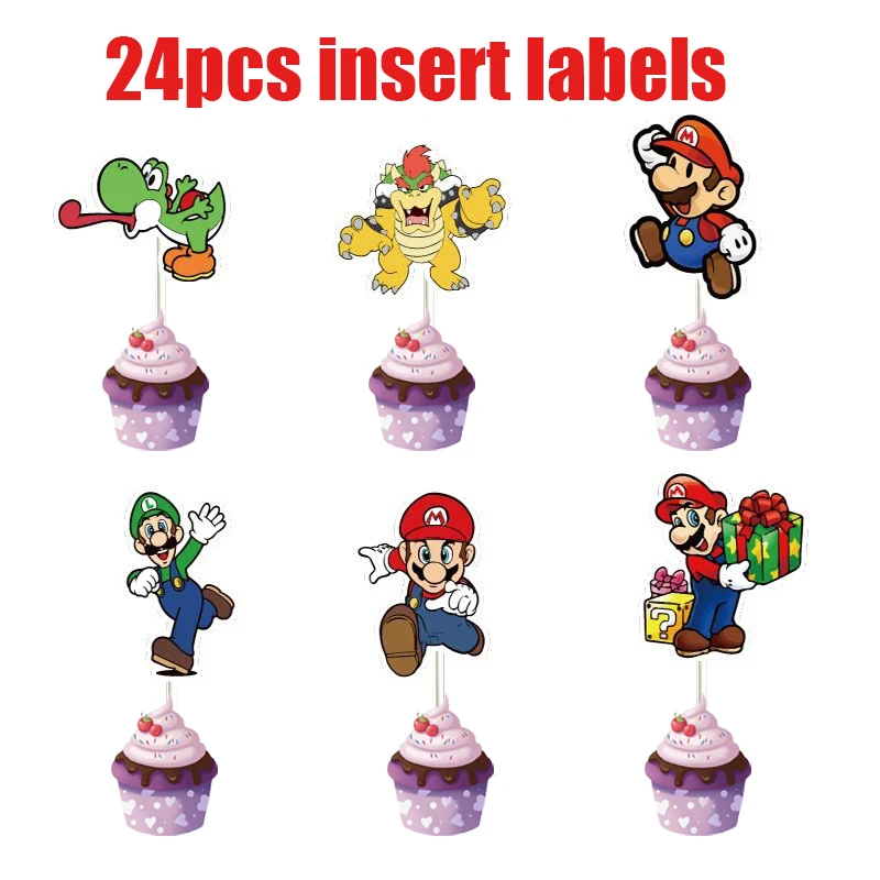 

24pcs Super Mario Series Cartoon Image Cake Decoration Tag Set Single-sided Card for Children's Birthday Party Special Fun