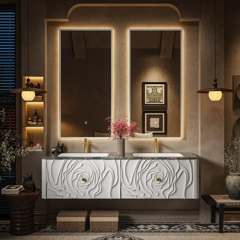 Double basin oak French floor-to-ceiling retro bathroom cabinet combination hand wash cabinet customization