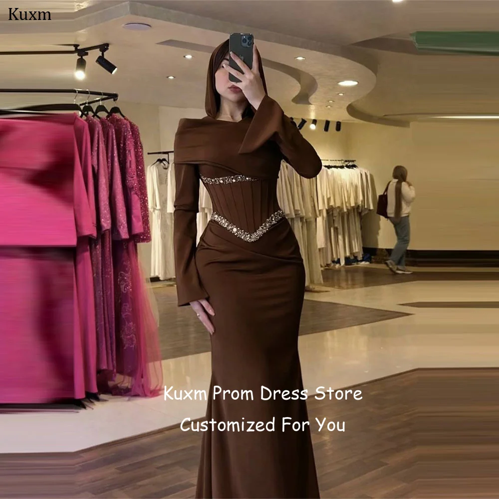 Kuxm Satin Mermaid Evening Dresses Long Sleeves Floor Length Elegant Prom Gowns Crystal High Neck Formal Vestidos Customized