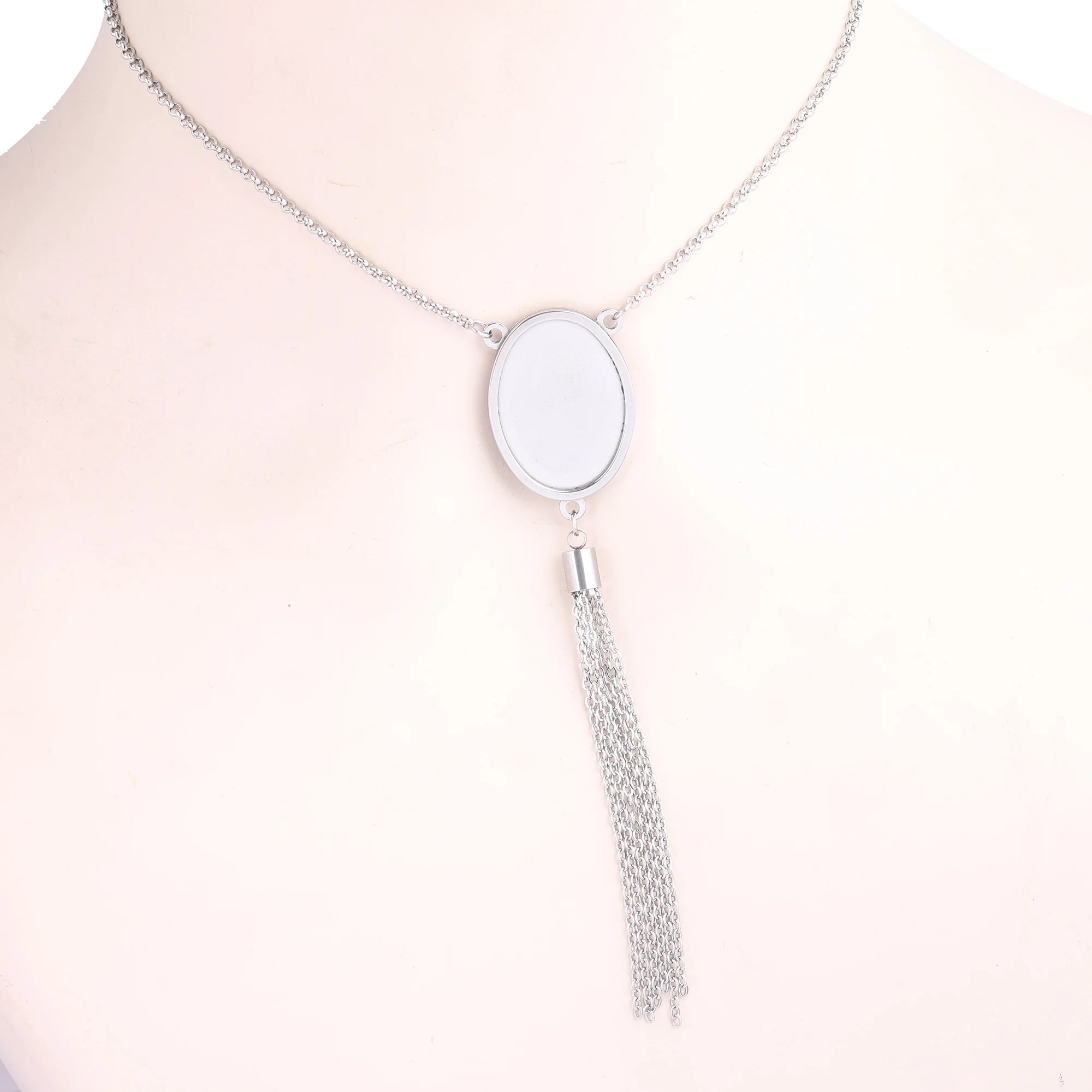 

2pcs Stainless Steel Tassel Charm Chain Necklace Cabochon Base Setting Blanks 18x25mm Oval Bezel Pendant Trays For Jewelry