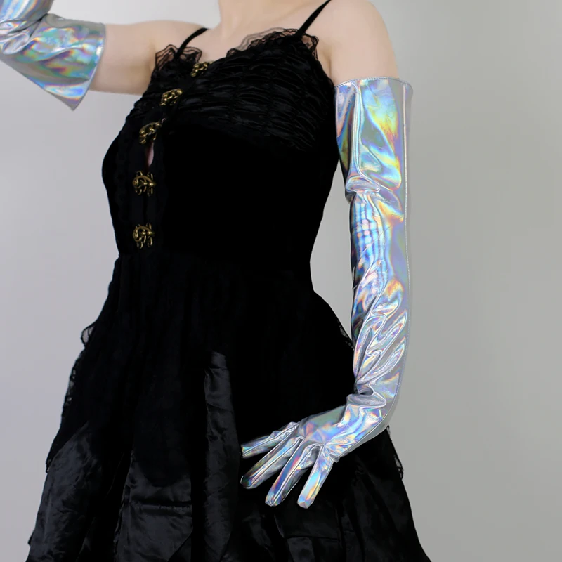 

Laser Long Gloves 90cm Loose plus Size Patent Leather Imitation Silver