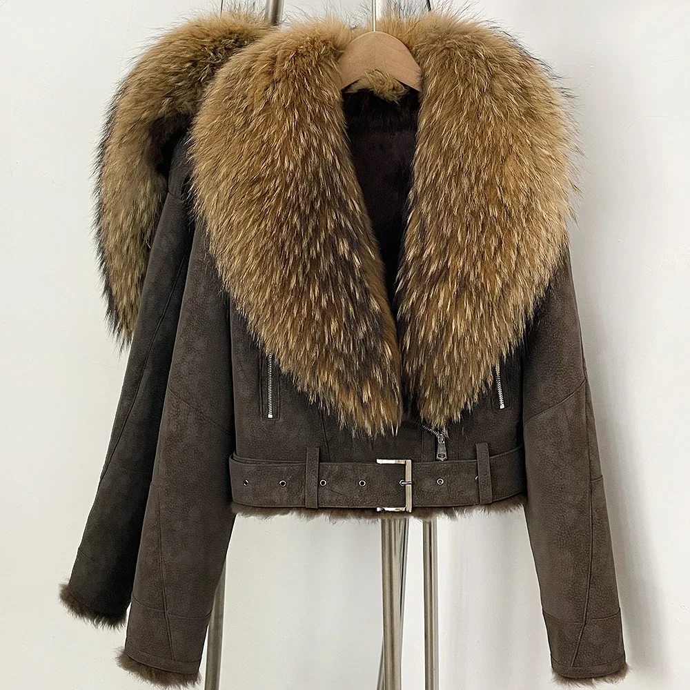 OFTBUY Luxus-Gürtel Natürlicher Kaninchenfellmantel Damen Kurze Wildlederjacke mit Echtfuchs-Fellkragen Neue Herbst-Warmbekleidung für Frauen – Detail 13