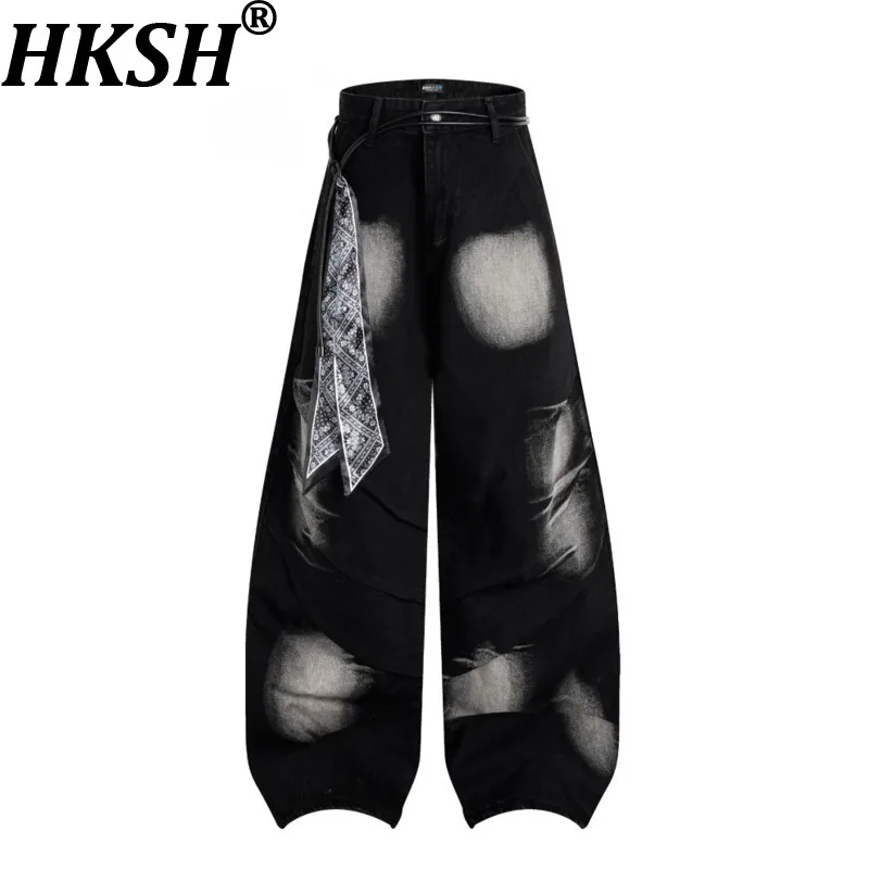 Hksh primavera outono inverno homens maré vanguardista high street jeans feminino nicho perna larga calças jeans chique ins retro moda hk18528