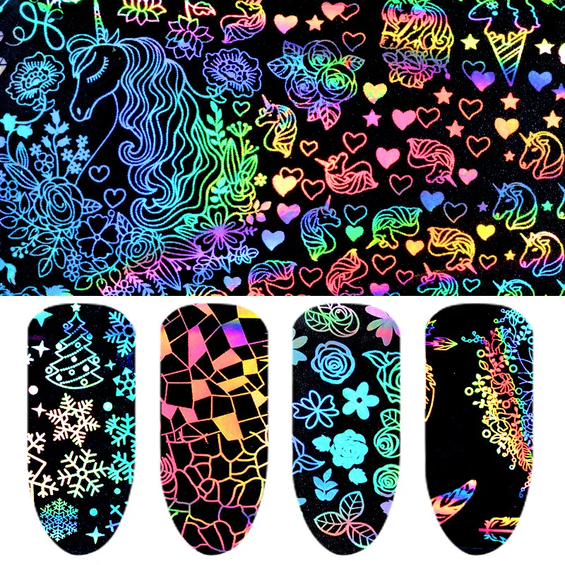 8 adet holografik renkli tırnak çıkartmaları pırıltılı lazer Nail Art transferi folyo yıldızlı gökyüzü çıkartması manikür UV jel lehçe dekor için